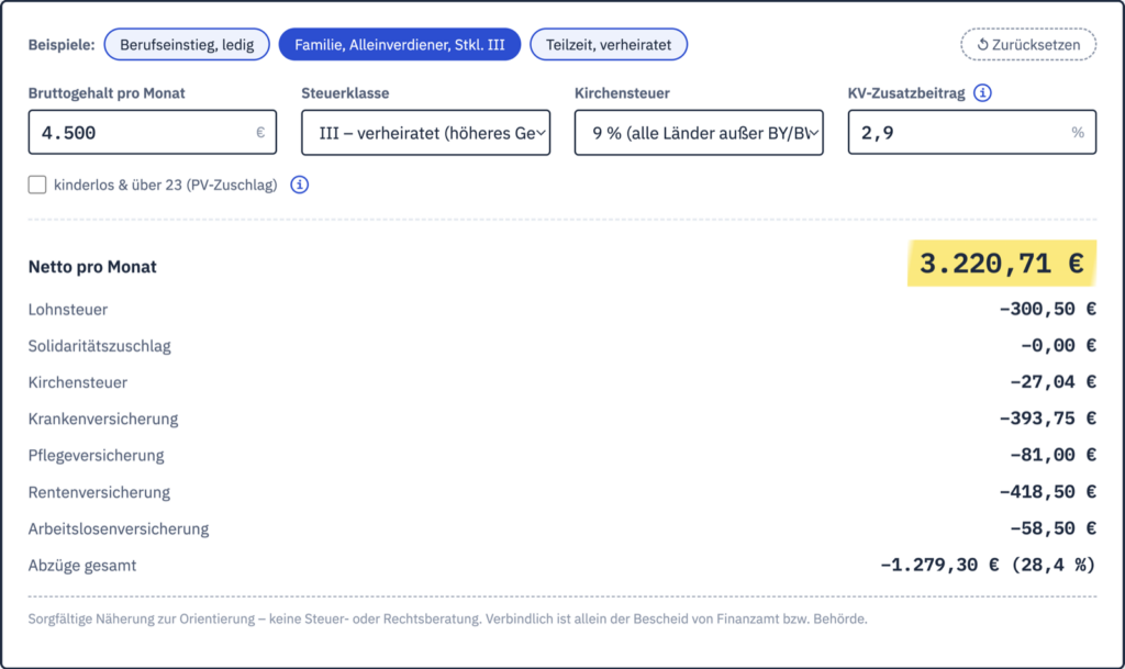 Brutto-Netto-Rechner auf RechnerMeister.de mit Beispielwerten und Live-Ergebnis