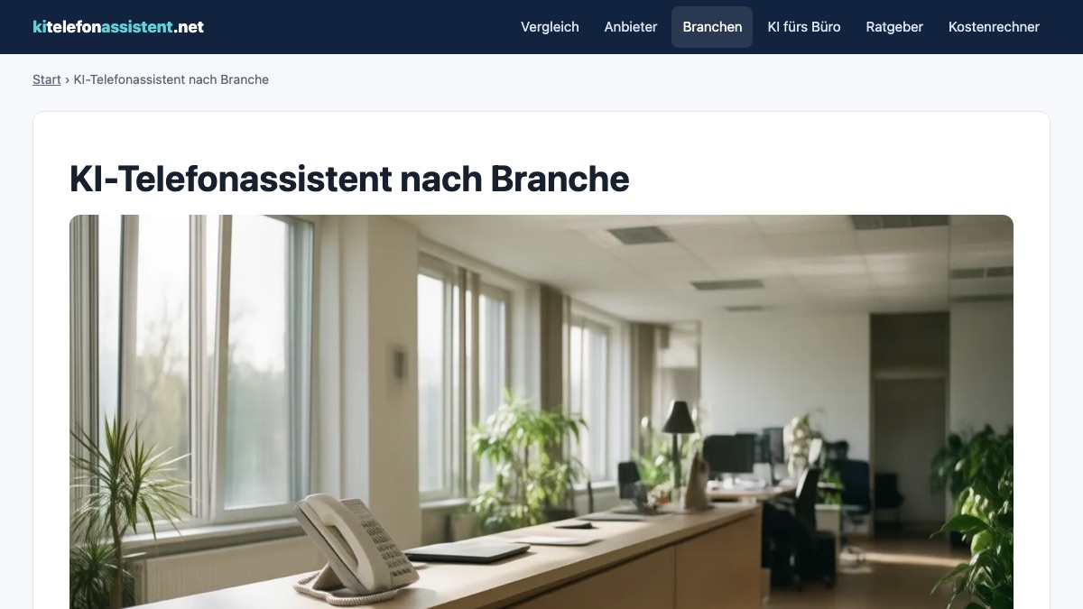 Screenshot der Branchenübersicht auf kitelefonassistent.net